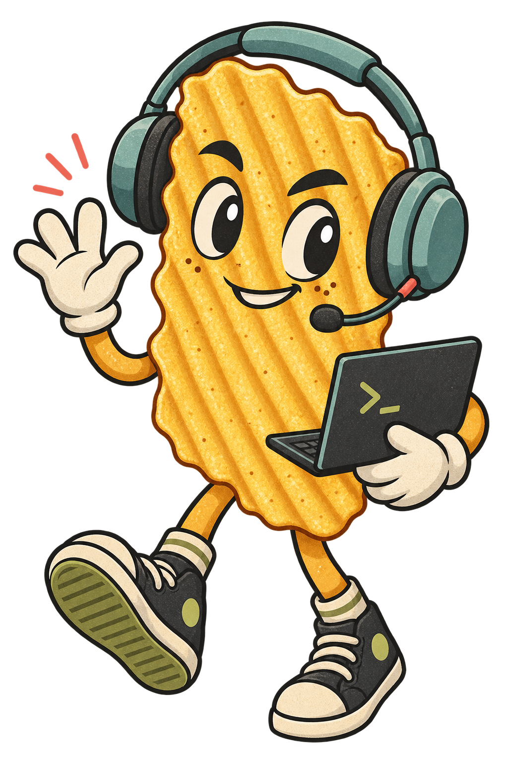 Salty Chip wearing headphones and holding a laptop
